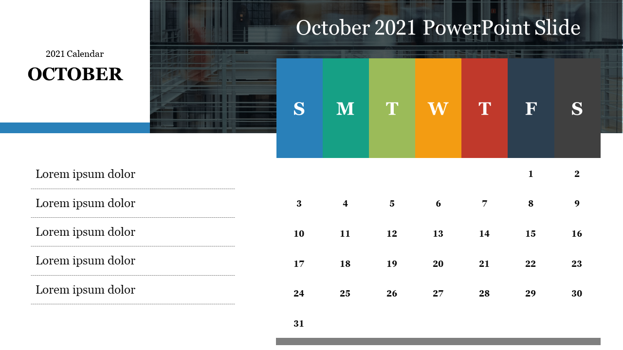 October 2021 calendar PowerPoint slide with days of the week and placeholder text on a white backdrop.