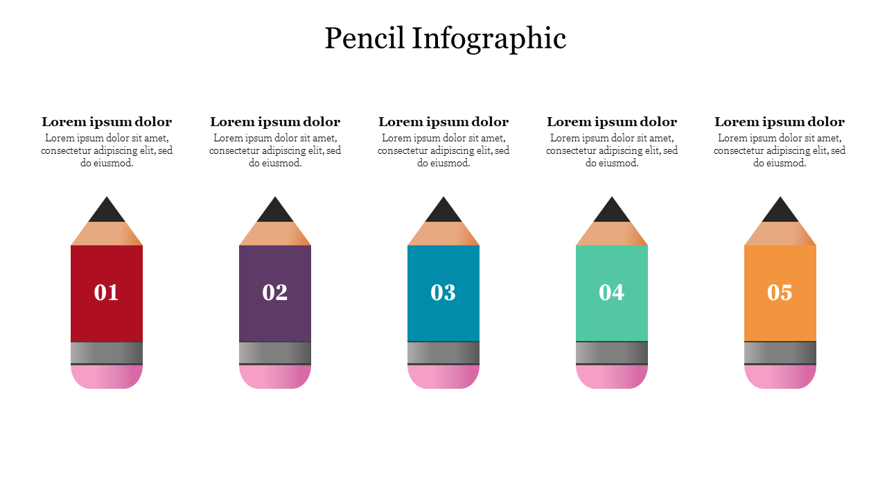 Pencil shaped infographic with five sections, each representing a different step or point, with colorful pencils 01 to 05.