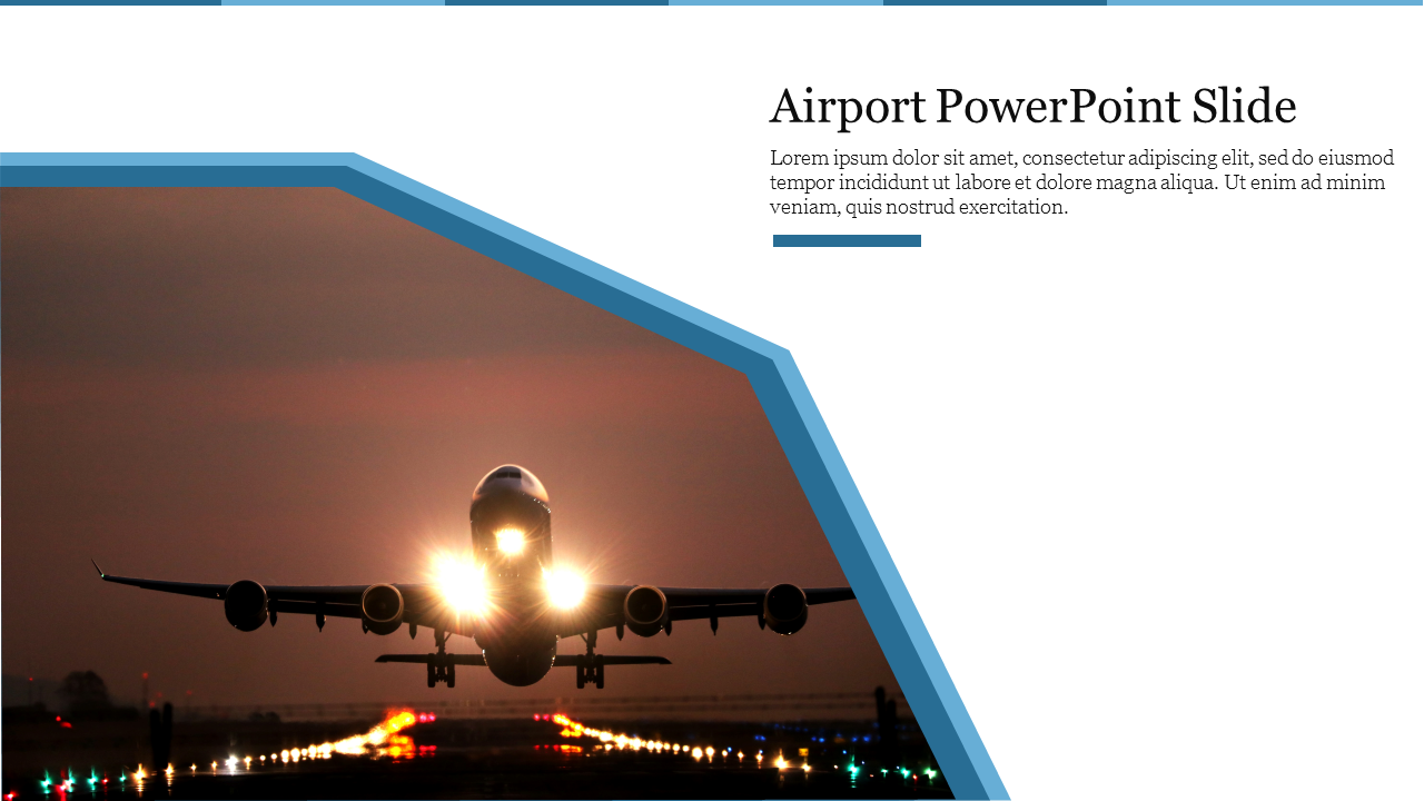 Airport PowerPoint slide featuring an airplane taking off with a vibrant sunset background.