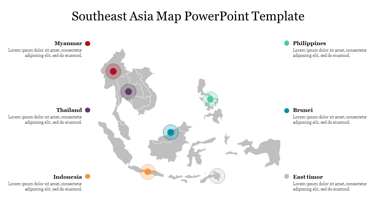 Gray map of Southeast Asia with six colored circles indicating specific countries, each linked to a description.