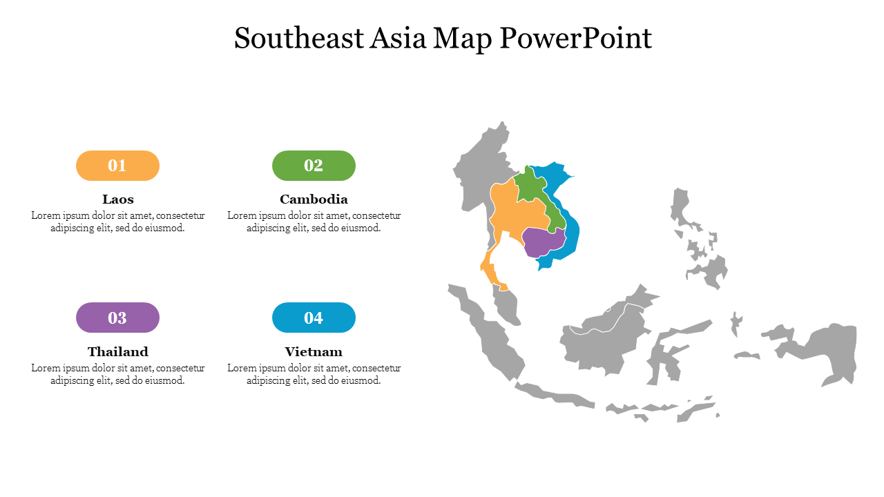 Southeast Asia map highlighting Laos, Cambodia, Thailand, and Vietnam in different colors with corresponding descriptions.