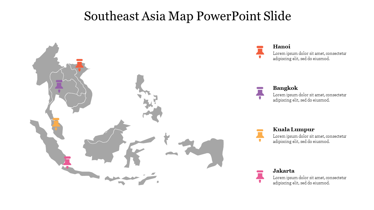 Southeast Asia map in gray with four colored location pins in orange, purple, yellow, and pink, marking major cities.