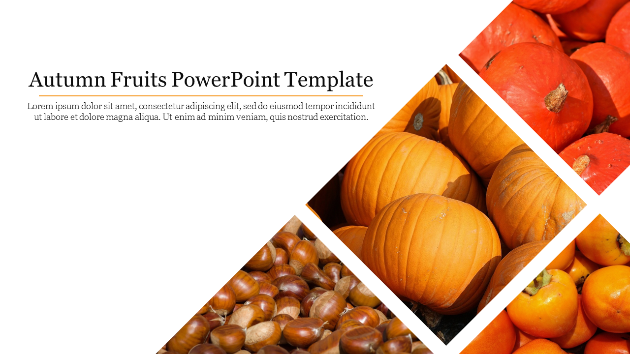 Autumn fruits template with diagonal images of pumpkins, chestnuts, and persimmons, and text on white background.