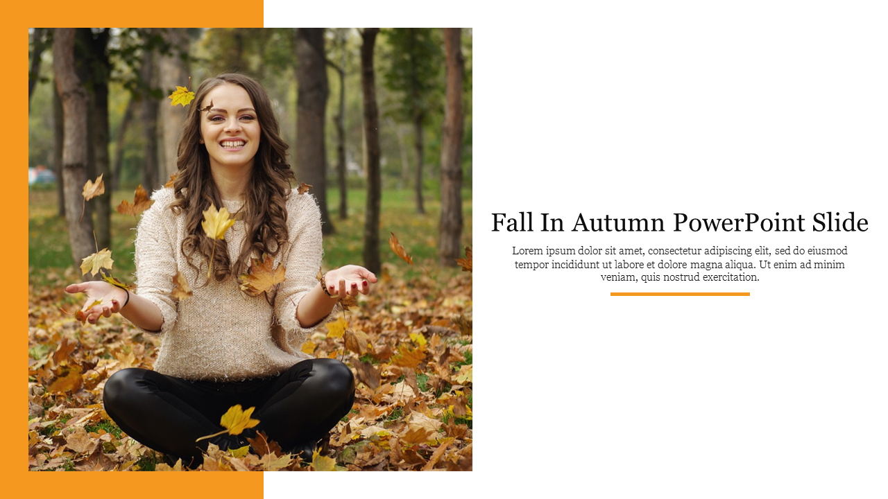 Autumn themed slide featuring a smiling woman sitting in a park surrounded by fallen leaves, with text space on the right.