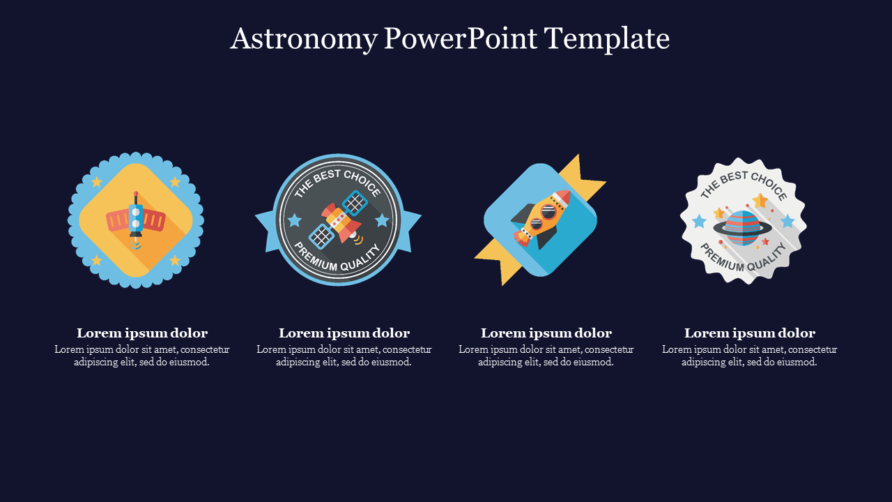 Four astronomy themed badges with icons of satellite, rocket, and planet, each with text below, on dark blue background.