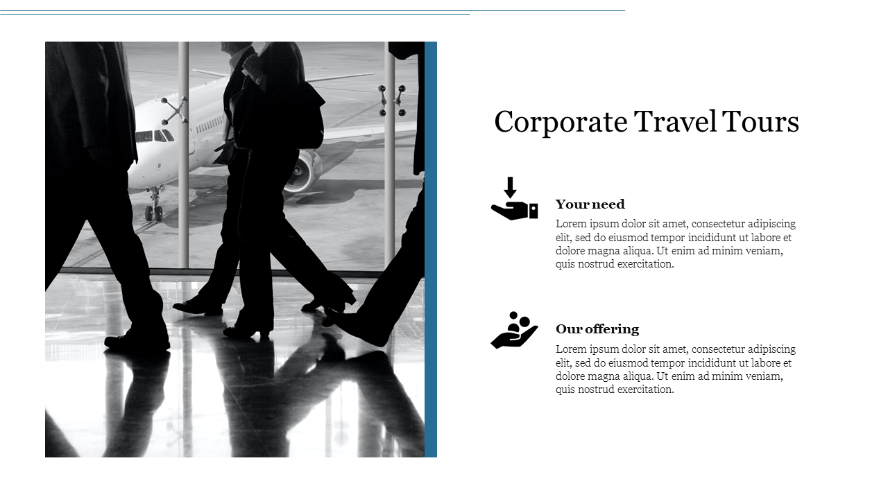 Monochrome image of people walking in an airport on the left, with corporate travel tours text and icons on the right.