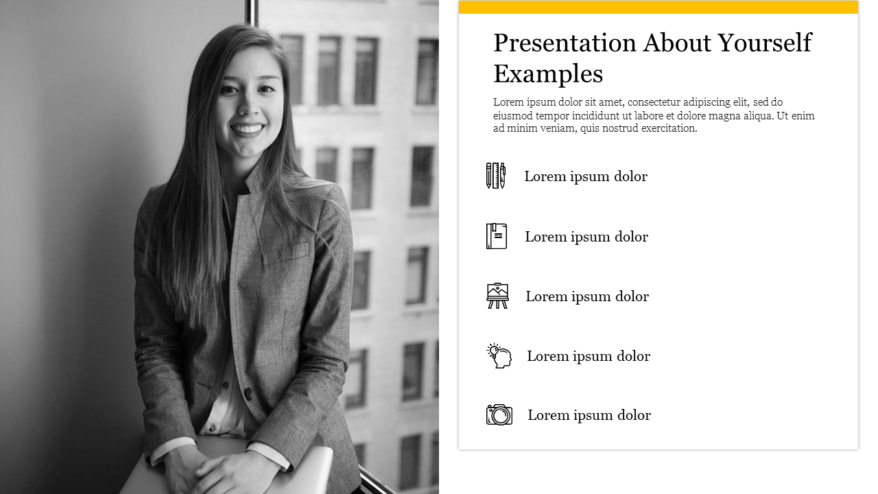 A grayscale portrait of a woman on the left, with text and icons on a white background with yellow bordered box.