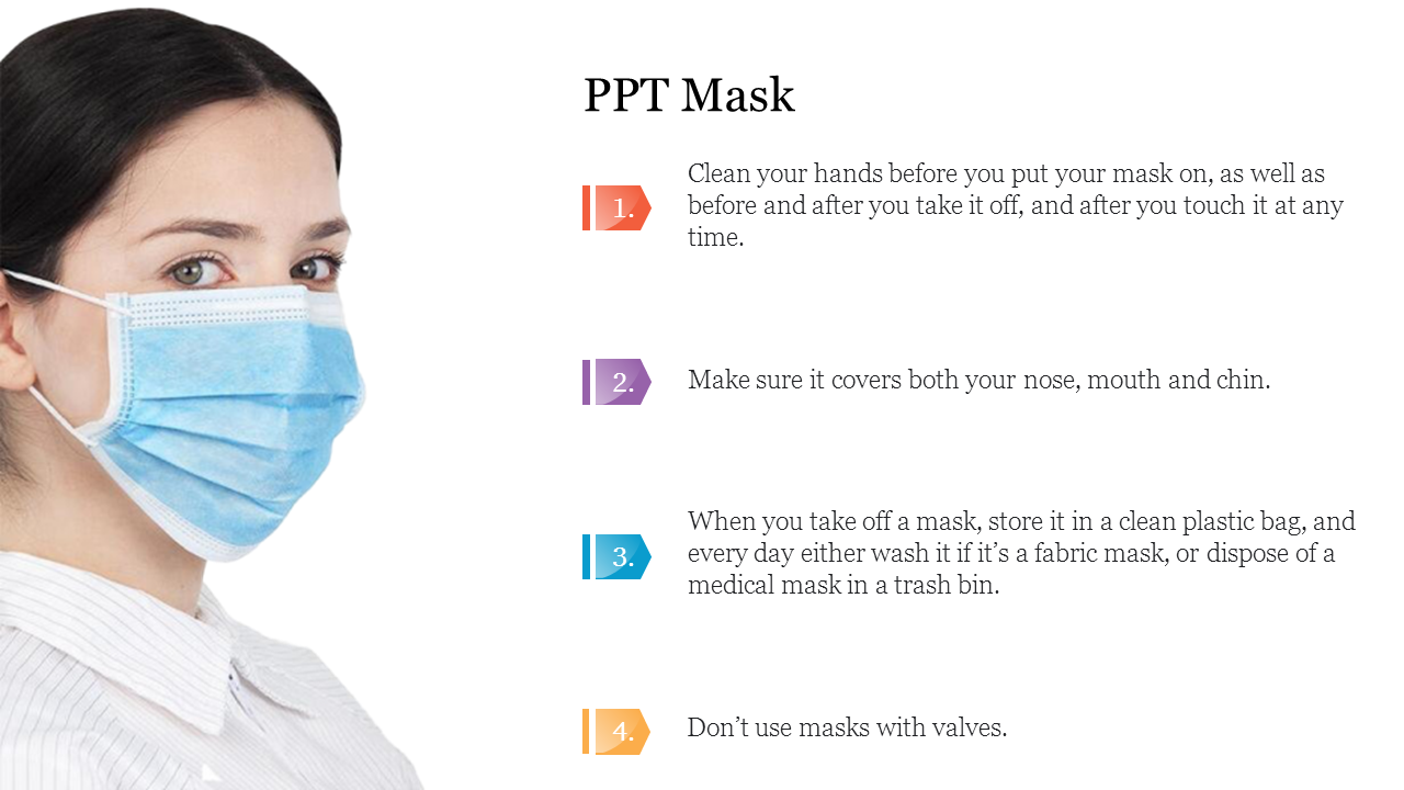 Slide featuring a woman wearing a blue surgical mask, and four safety tips listed with numbered colorful icons.