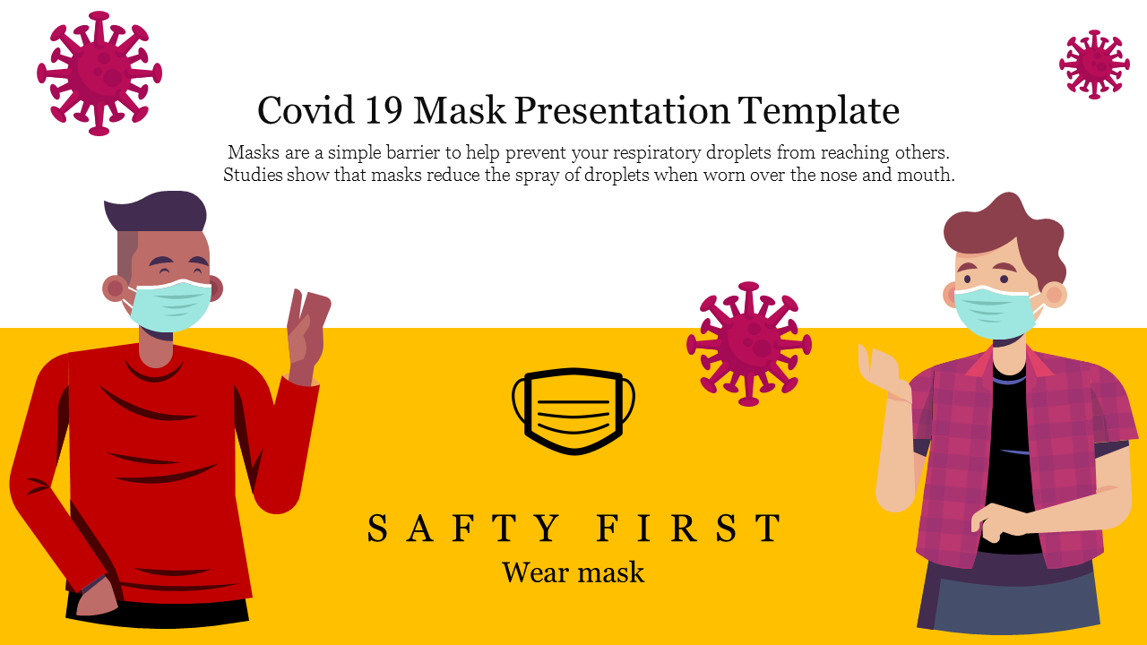 Slide design with visuals of people wearing masks, virus icons, and text advocating mask usage during Covid-19.