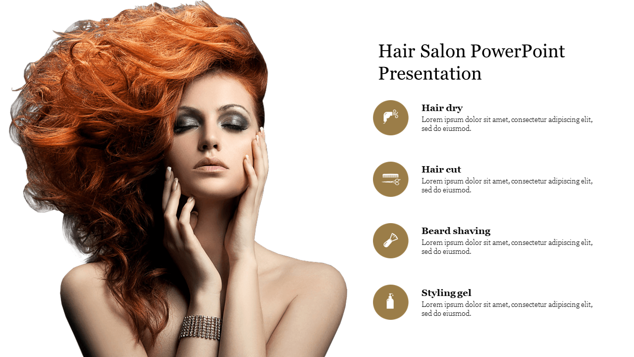 A model with textured red hair on the left, set by icons and caption areas for salon services on the right.