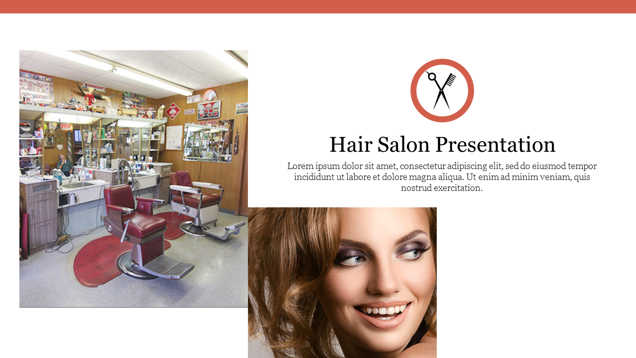 Hair salon presentation slide with images of a vintage salon interior and a smiling woman with styled hair.