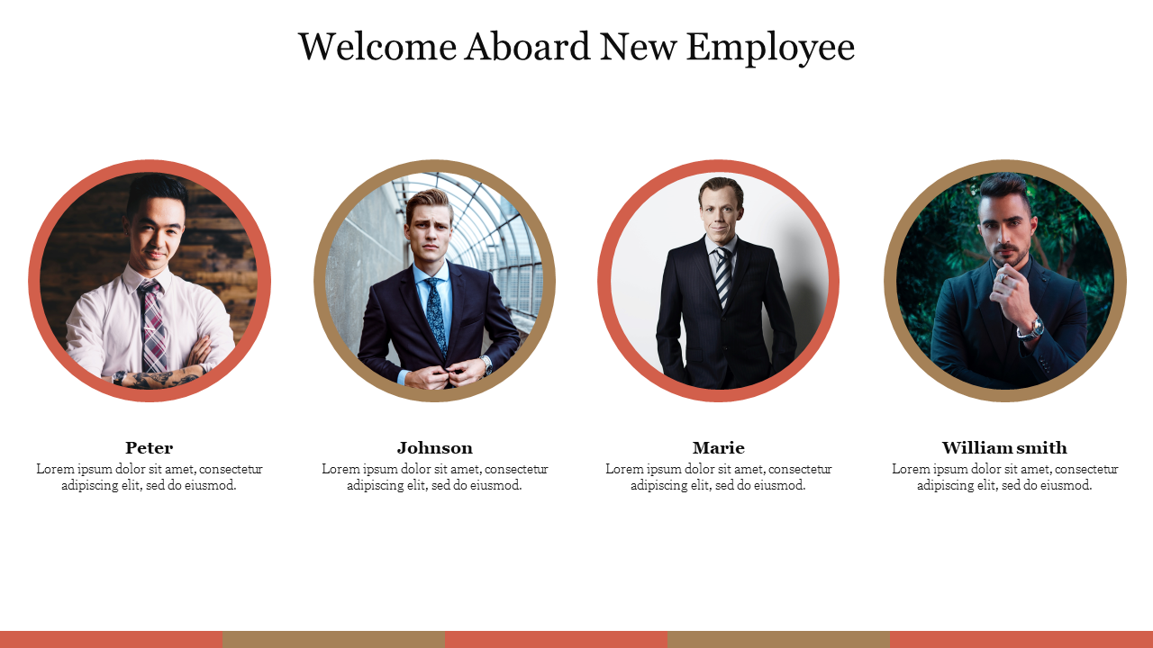 Welcome aboard slide featuring portraits of four new employees with their names and placeholders for descriptions.