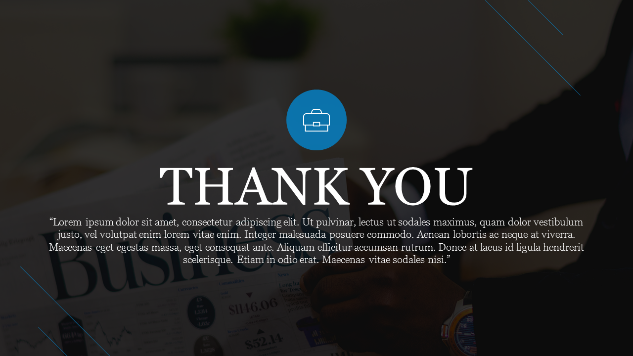 Professional thank you slide with a blue icon, white text, and dark background showing a hand holding a newspaper.