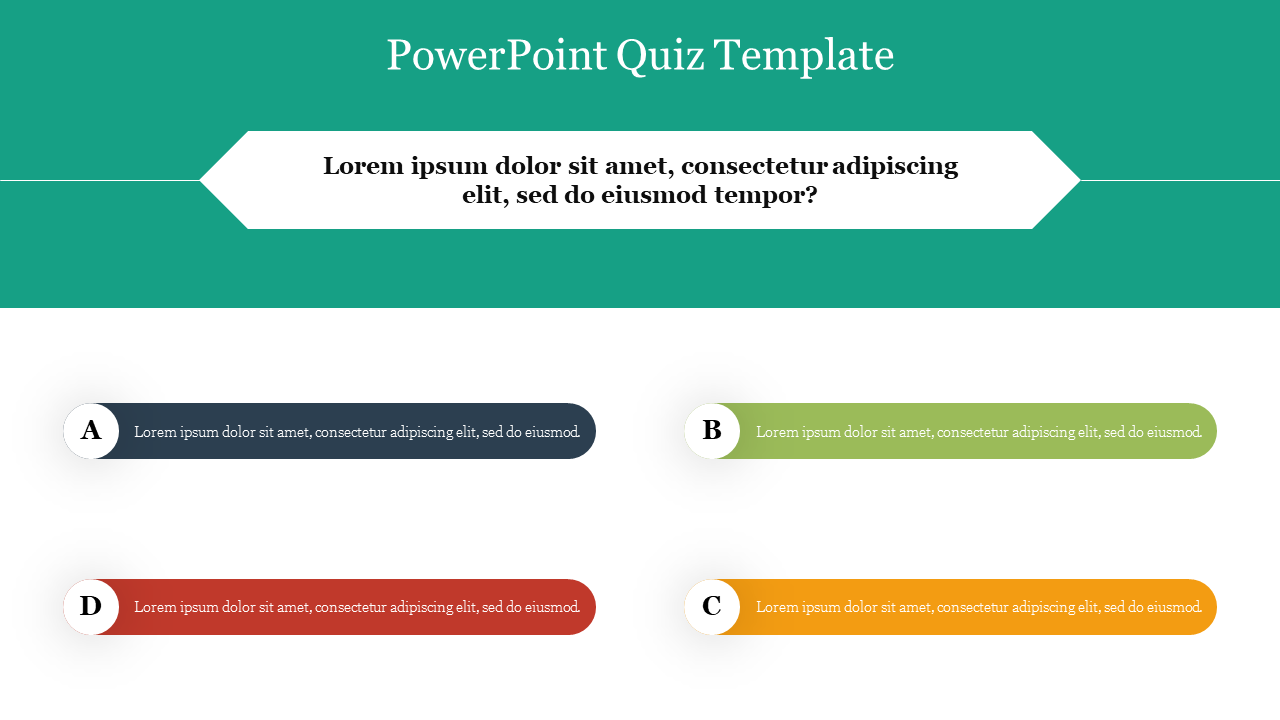 Quiz slide featuring a multiple-choice question with four options, styled with different colors and text area.