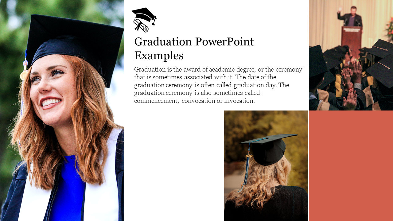 Graduation layout with a focus on a smiling graduate, informative text, and supporting visuals of a ceremony and speech.