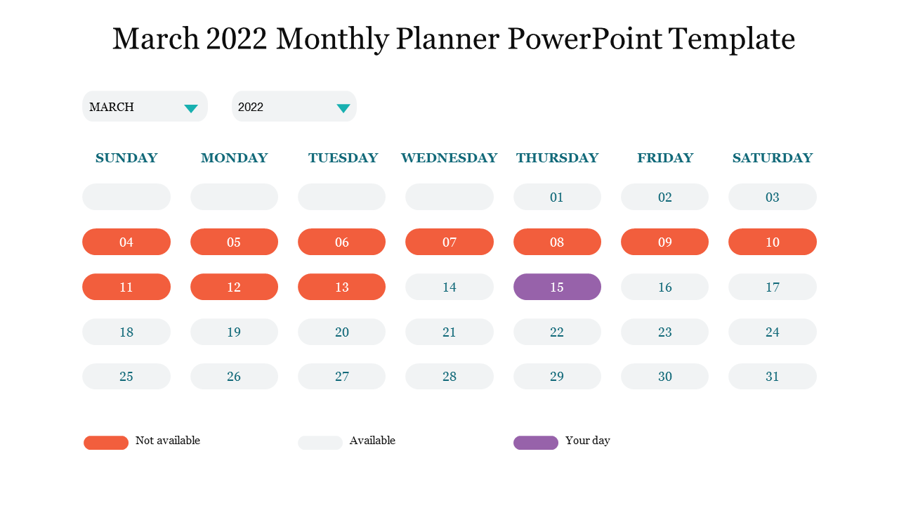 A calendar for March 2022 showing days of the week, with availability marked in orange and a special day marked in purple.