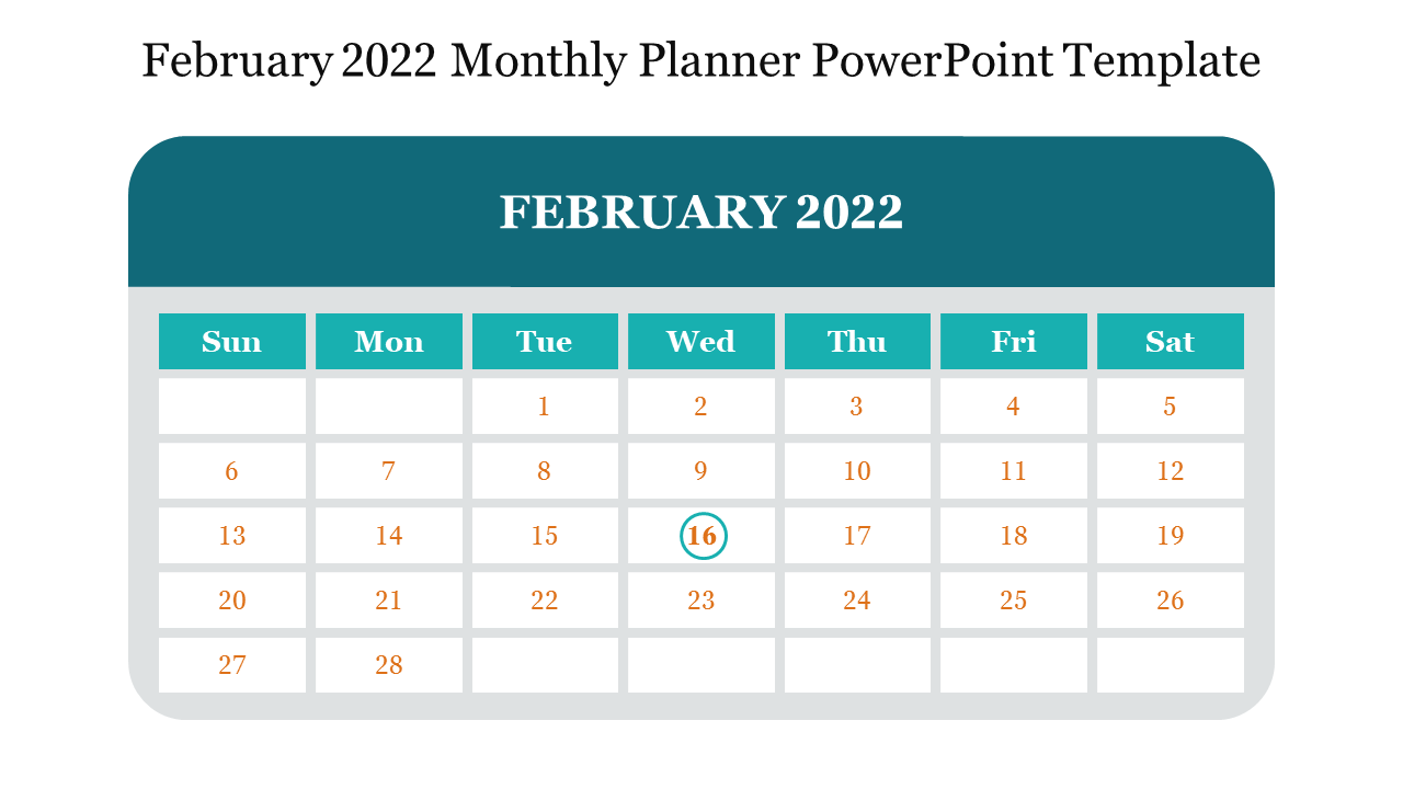 Simple February 2022 calendar template featuring teal and white design with highlighted date.