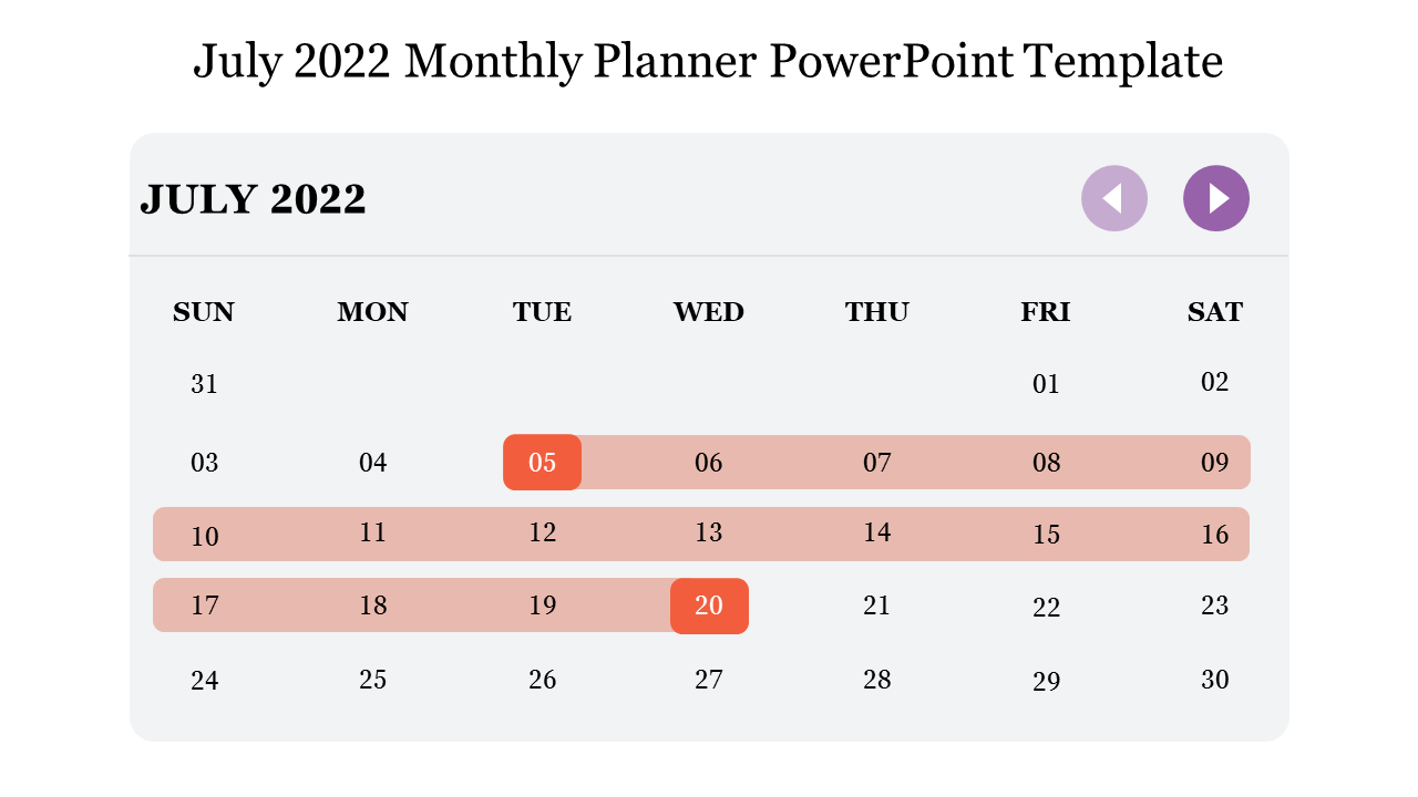 July 2022 planner layout with orange colored highlighted dates, on a light background with purple navigation buttons.