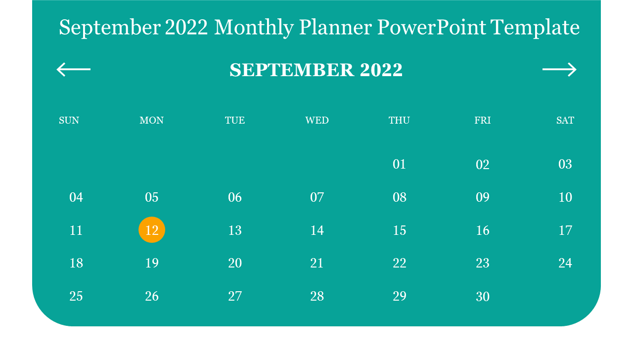 September 2022 calendar view in monthly planner style with date grid and orange highlight on the 12th day.