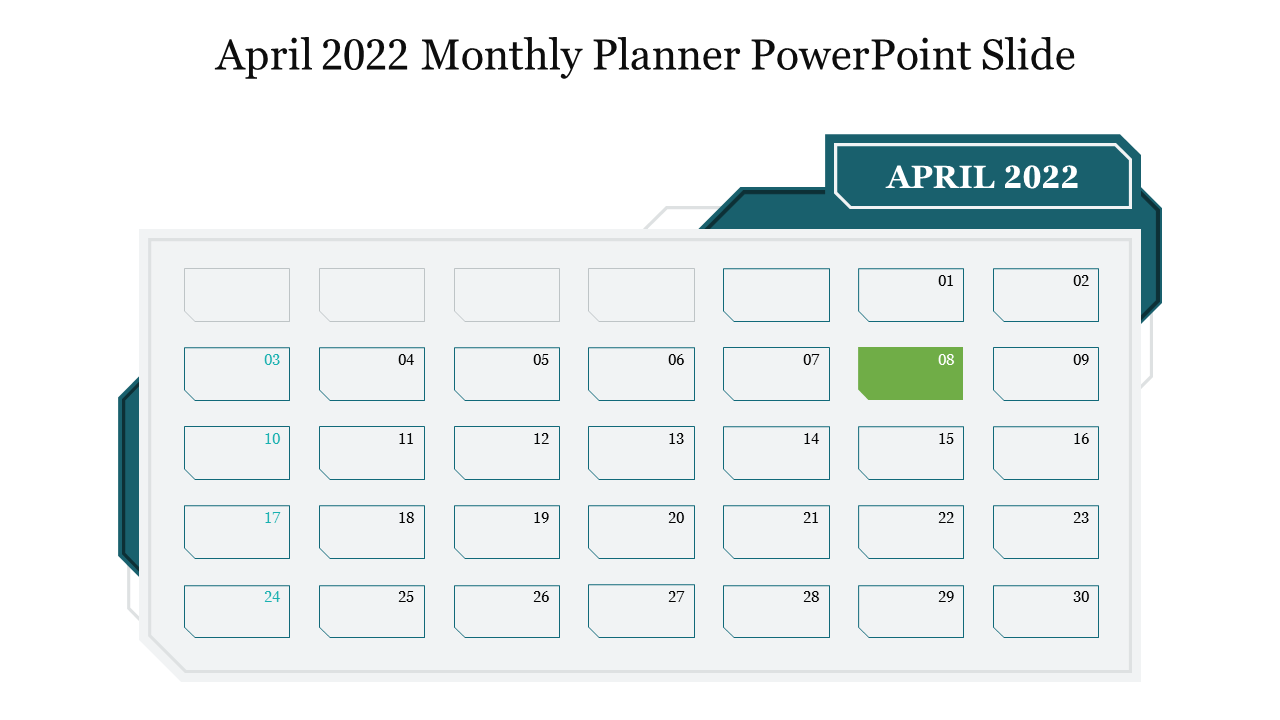 A calendar showing April 2022 with the 8th highlighted in the monthly planner template on a white backdrop.