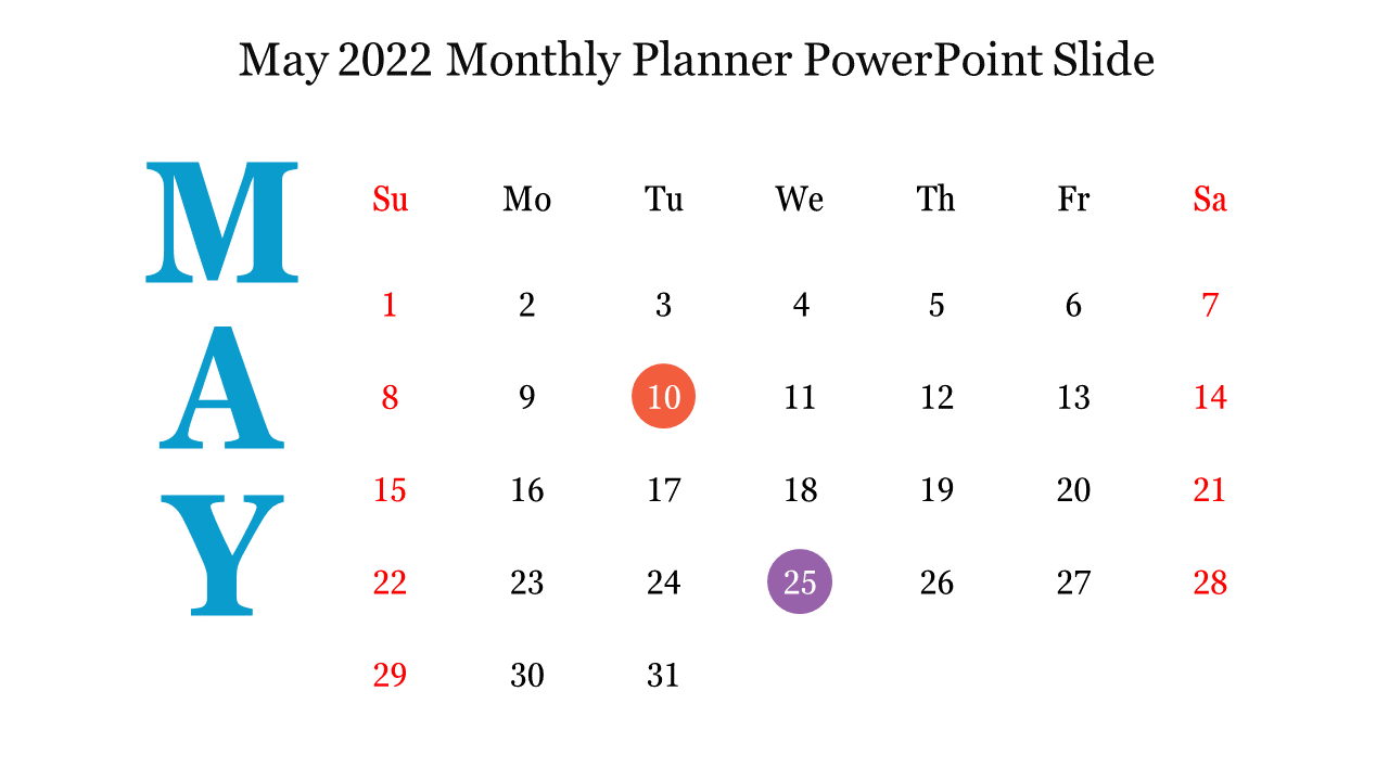 A calendar showing May 2022 with the 10th and 25th highlighted in the Monthly Planner template on a white backdrop.