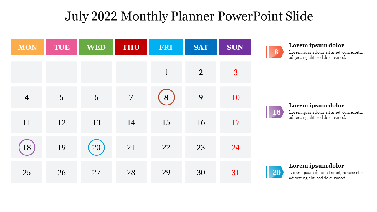 Creative July 2022 Monthly Planner PowerPoint Slide