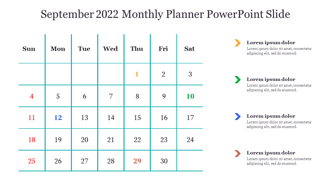 A calendar PPT slide showing September 2022 with the 1st, 10th, 12th, and 29th highlighted in the Monthly Planner template.