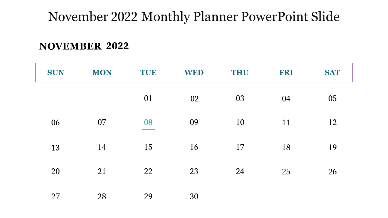 November 2022 calendar with blue and purple accents, highlighting a date with a turquoise color.