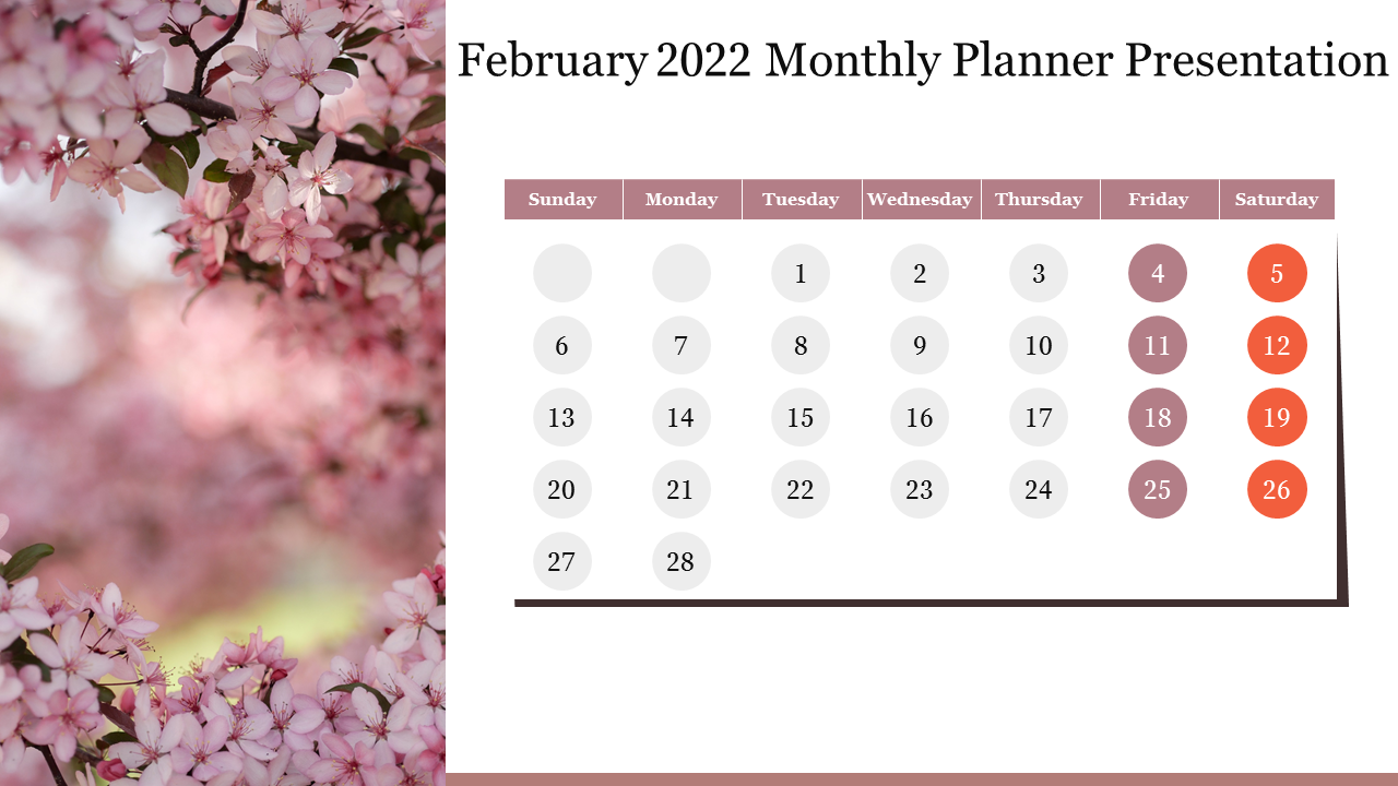 February 2022 calendar with soft pink flower background, displaying dates in circles with brown and red for weekends.