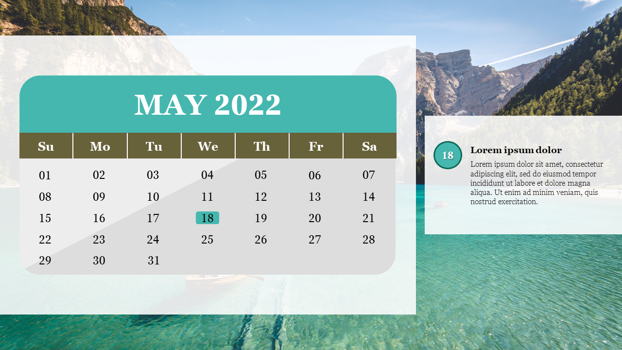 May 2022 calendar with a nature background featuring mountains and water,  and a date highlighted in teal box.