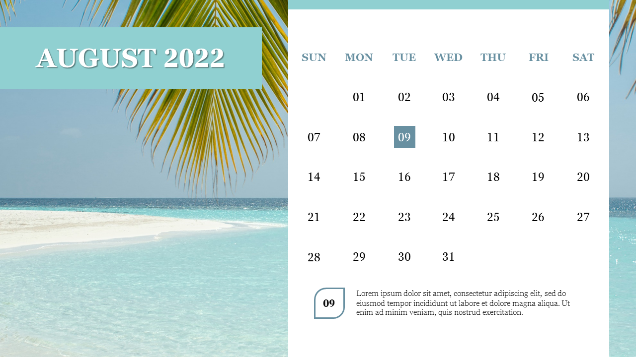 Beach themed calendar for August 2022, with a palm tree in the corner and a highlighted in blue box.