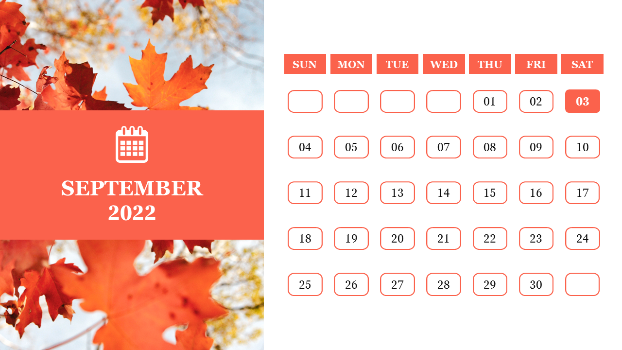 September 2022 calendar PPT slide with the 3rd day highlighted, set against a background of orange autumn leaves.