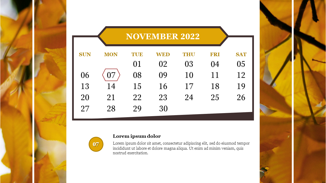 November 2022 calendar in yellow and brown color scheme, framed by autumn leaves, and a hexagon highlighted date.