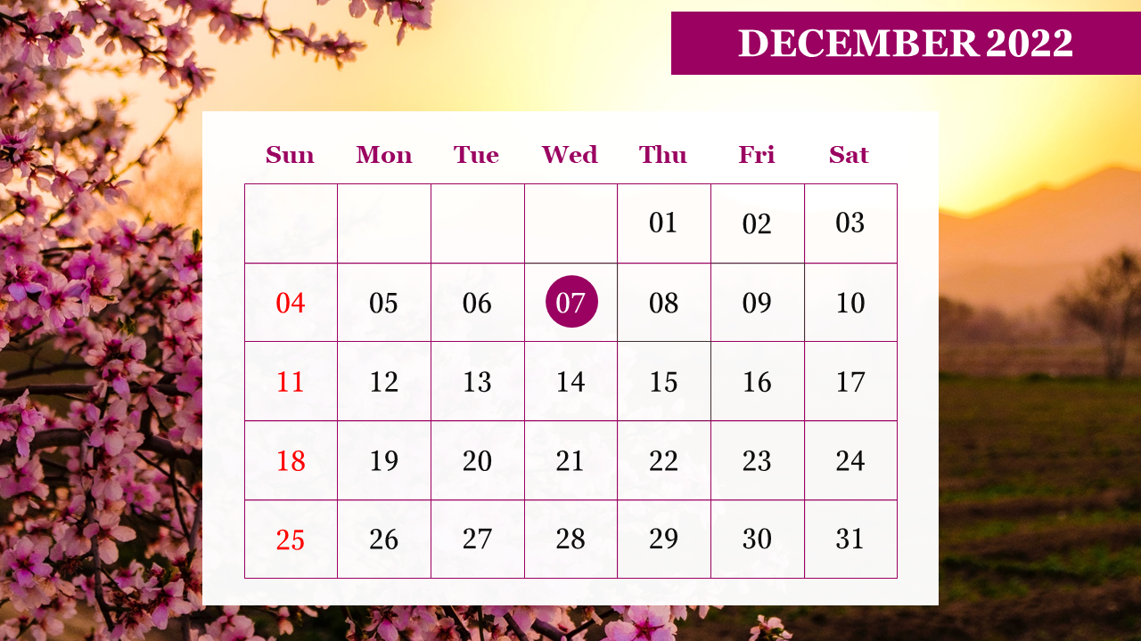 A calendar PPT slide showing December 2022 with the 7th highlighted, set against a soft floral background.