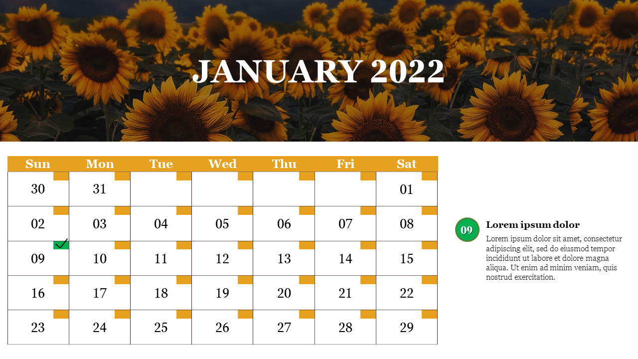 January 2022 calendar with a sunflower background each day has a number and a checkmark for completed tasks.