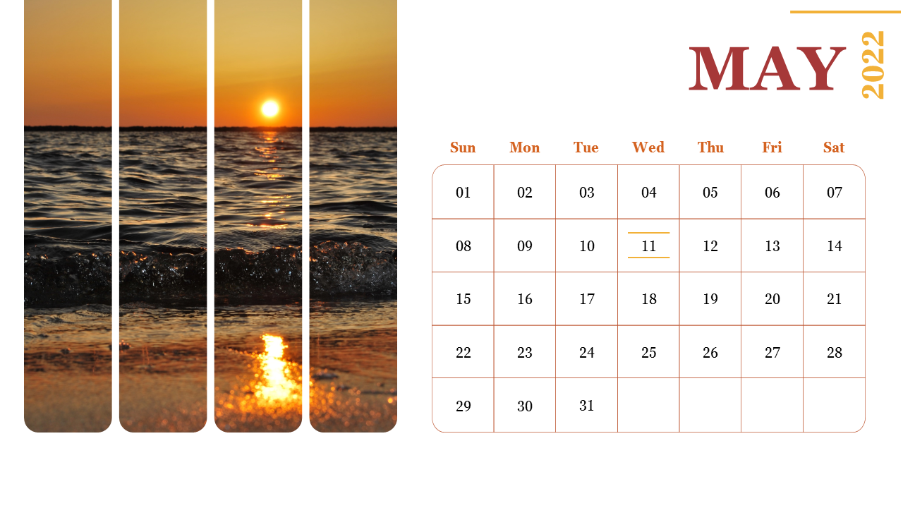 May 2022 calendar slide featuring a sunset over the ocean on the left and a monthly calendar with highlighted dates.