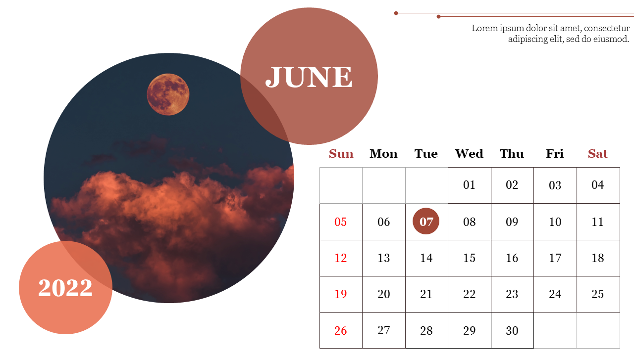 June 2022 calendar PPT slide with the 7th day highlighted, set against a vibrant moon and cloud scene on a white backdrop.