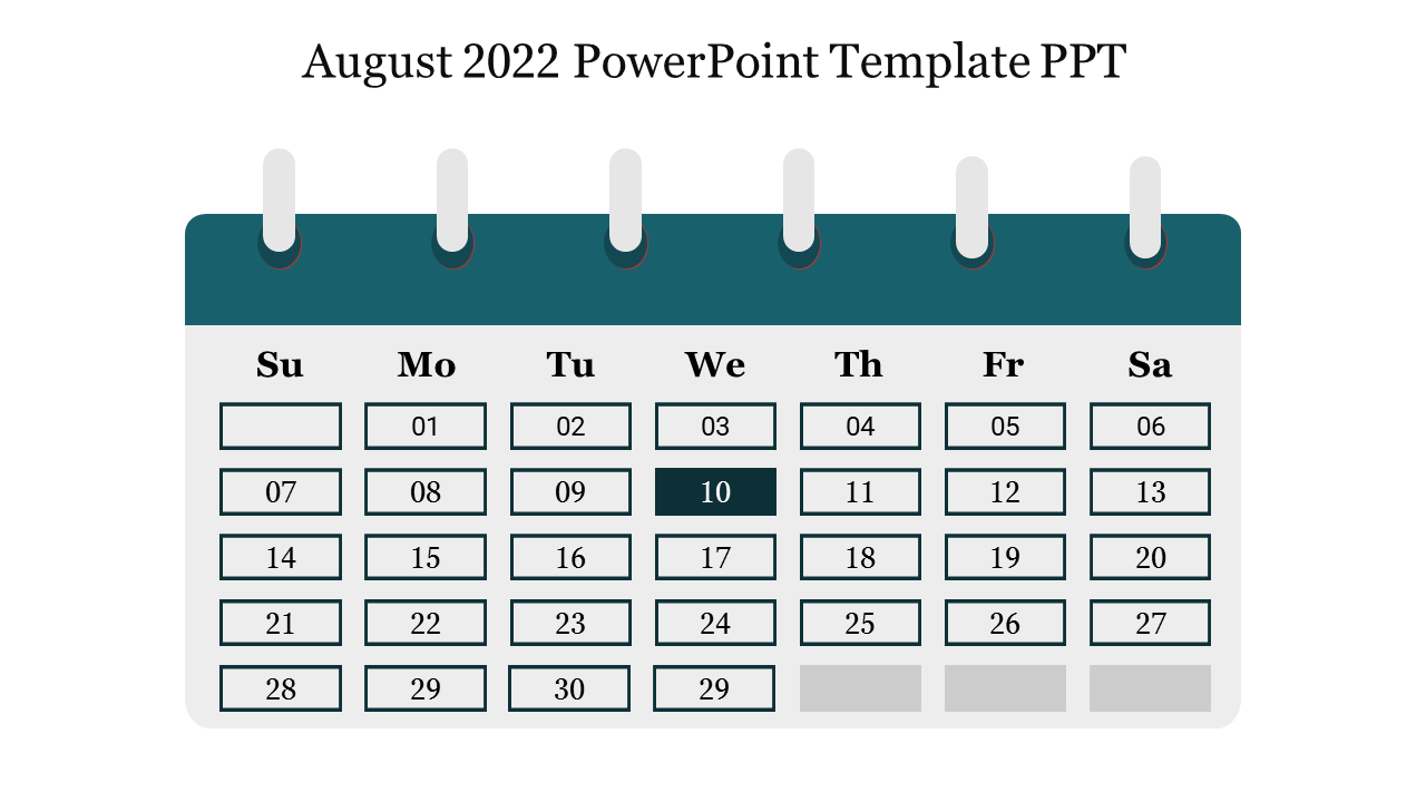 August 2022 calendar with teal header and ring binders, with highlighted the date 10.