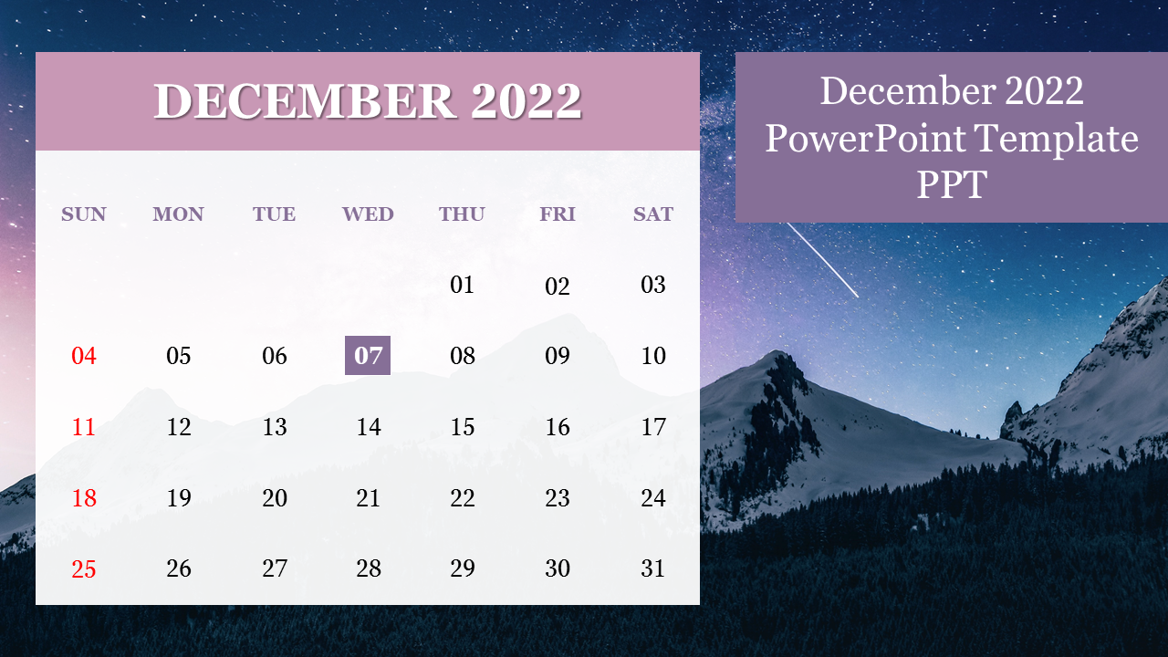 A PowerPoint slide for December 2022, featuring a calendar design with a snowy mountain background and highlighted dates.