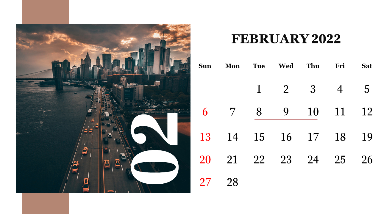 February 2022 calendar template with an urban city skyline and streets filled with cars.