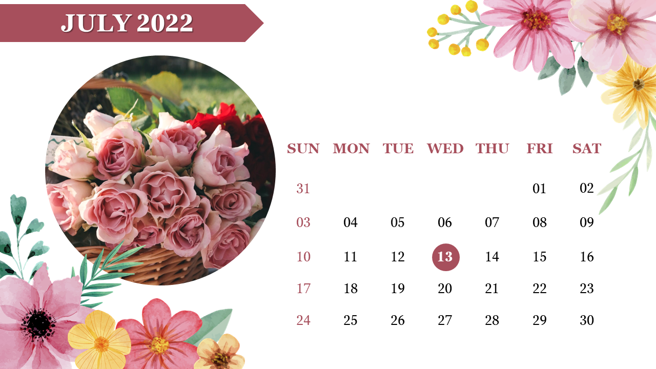 July 2022 calendar featuring a pink rose bouquet, colorful flowers in the corners, and a brown highlighted date.