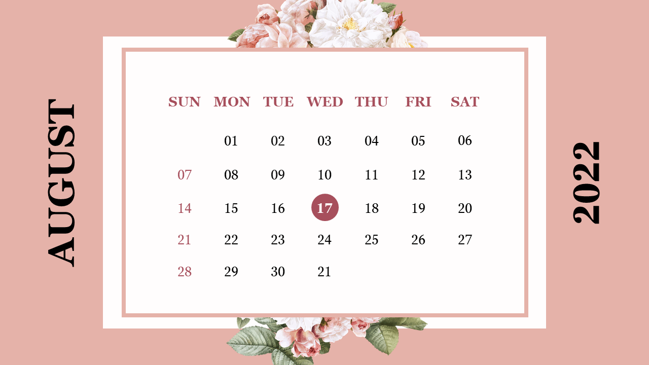 August 2022 calendar with floral accents, bold text and a pink background.