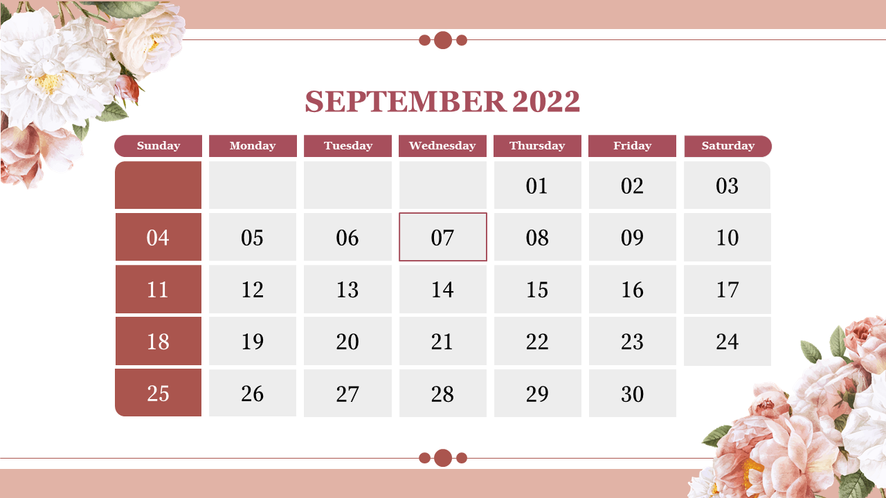 A calendar showing September 2022 with the 7th highlighted, surrounded by floral designs.