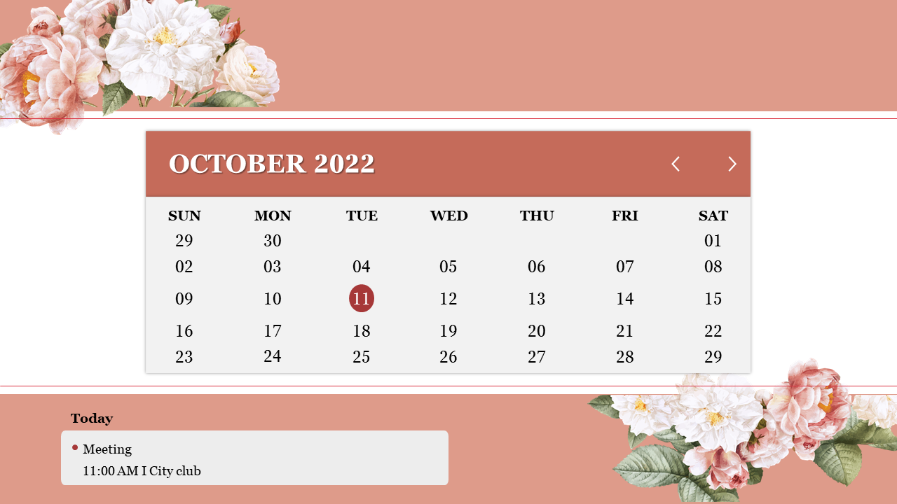 October 2022 calendar template with a warm peach background, floral details at the corners, and a red highlighted date.