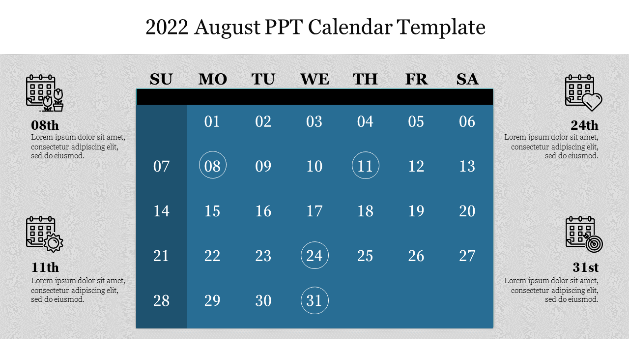 August 2022 calendar with four highlighted dates and icons for key events, set against a stylish blue and gray background.