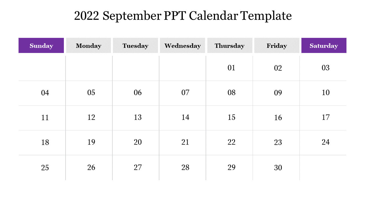 September 2022 calendar template with sunday and saturday in purple, and weekdays arranged in white columns.