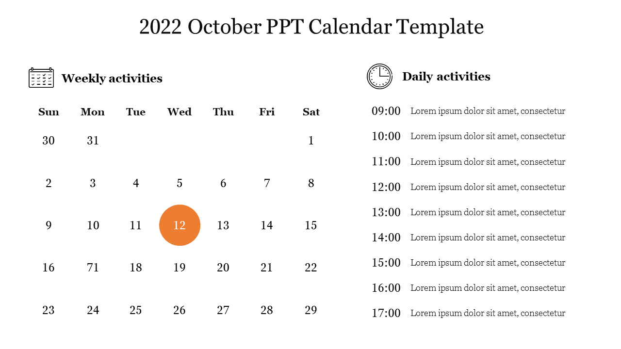 A calendar showing October 2022 with the 12th day highlighted, featuring weekly and daily activity sections on a white theme.