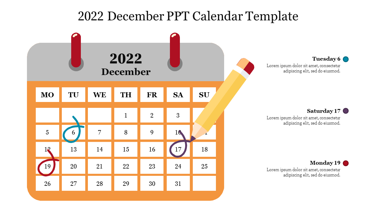 December 2022 calendar template with highlighted dates in blue, purple, and red, along with a pencil graphic.