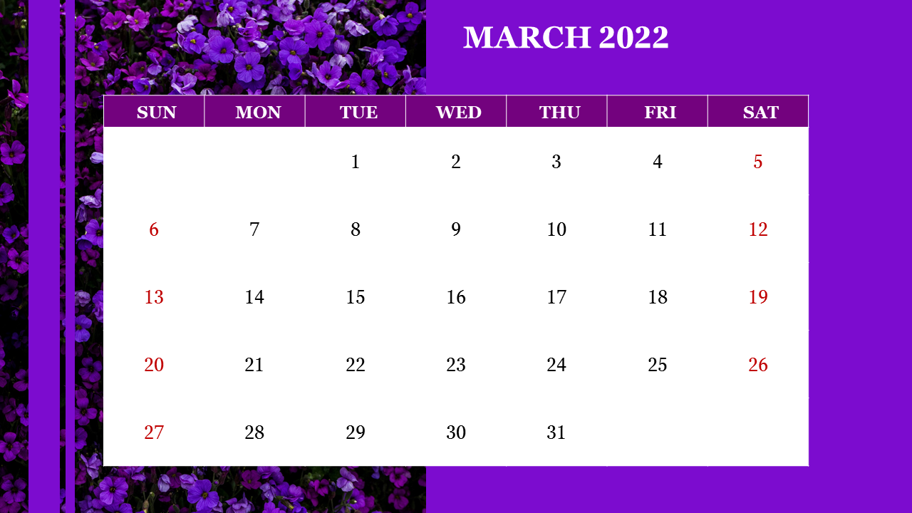 March 2022 calendar slide with a purple floral background and Sundays marked in red text.