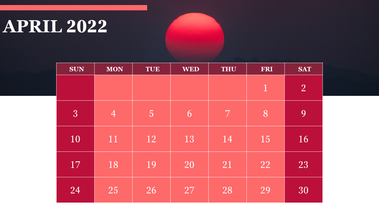 Best 2022 April Calendar Template PowerPoint